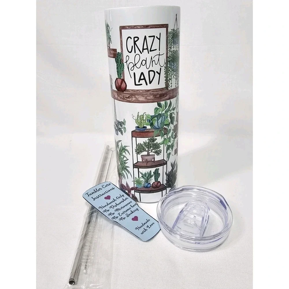 Crazy Plant Lady Print Shelves Flowers Pots 20oz Stainless Steel Skinny Tumbler